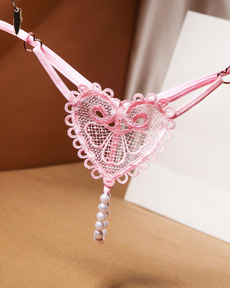 Sexy Heart-Shaped Lace Flower Pearl Embellished Thong