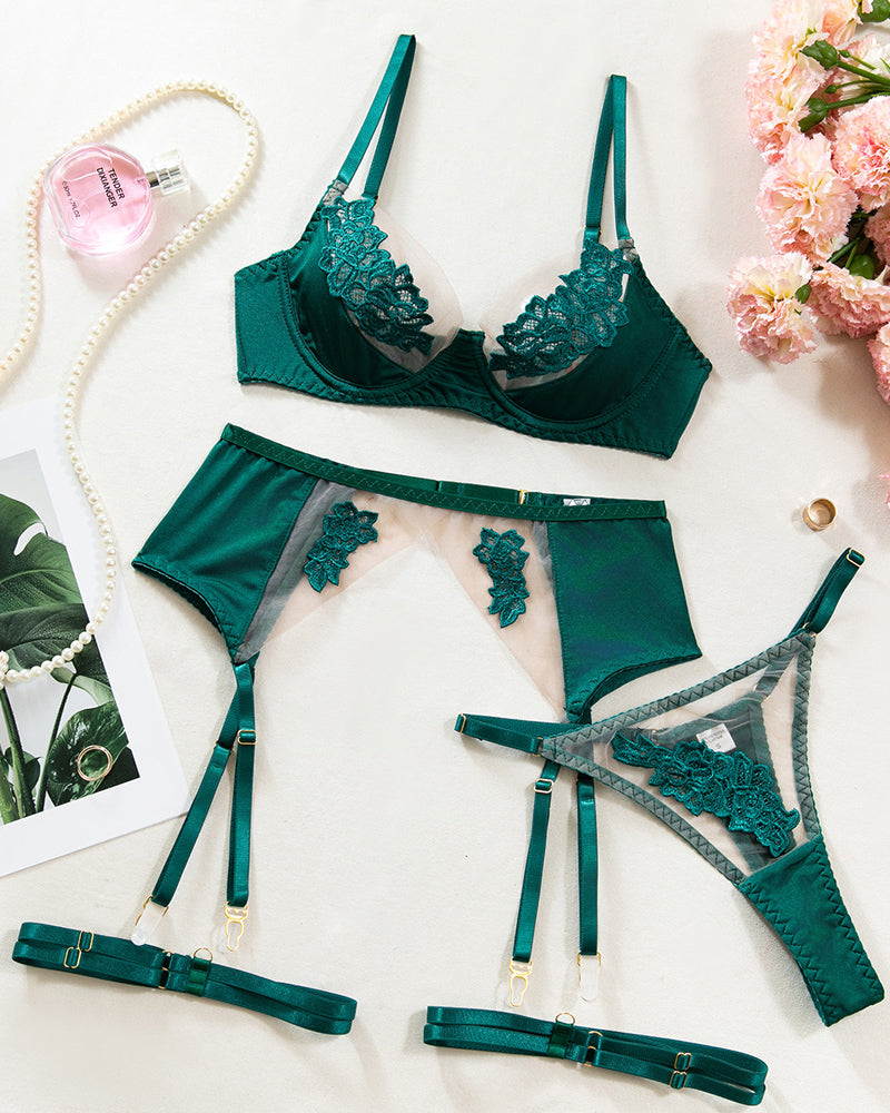 Sexy Mesh See-Through Flower Embroidery Push-Up Bra Sexy Lingerie Set