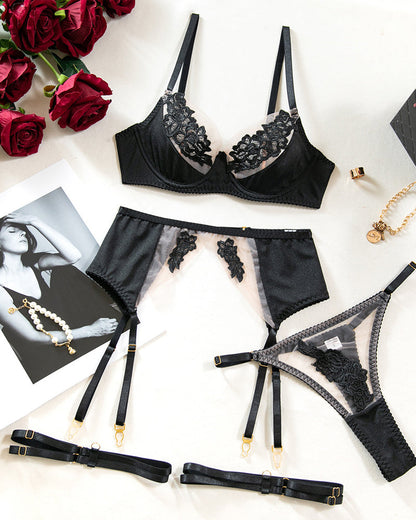 Sexy Mesh See-Through Flower Embroidery Push-Up Bra Sexy Lingerie Set