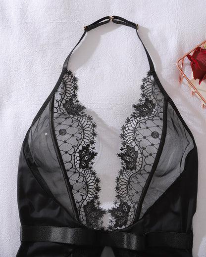 Deep V Halter Neck See-through Lace Sexy Bodysuit Lingerie