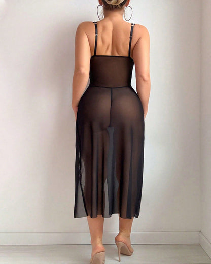 Sexy Lace Mesh Sheer High-slit Waist-shaping Long Nightgown