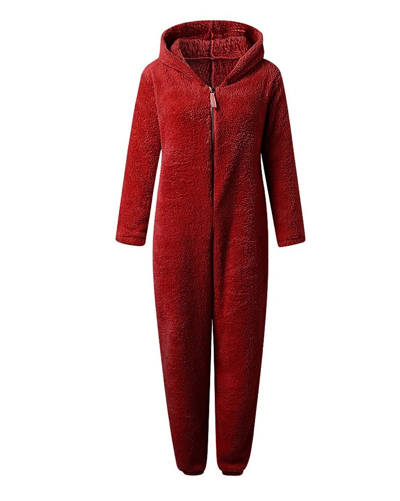 Teddy Bear Ear Zipper Hooded Plush Long-Sleeved Pants Onesie Pajamas