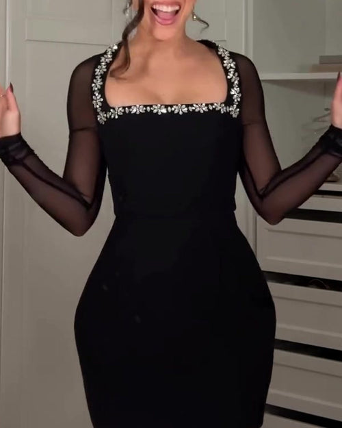 Black Crepe Rhinestone Square Neck Sheer Mesh Long-sleeved Mini Dress