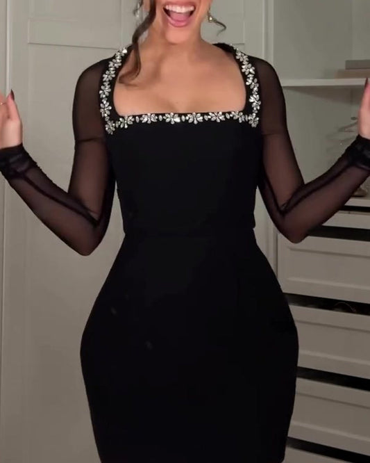 Black Crepe Rhinestone Square Neck Sheer Mesh Long-sleeved Mini Dress