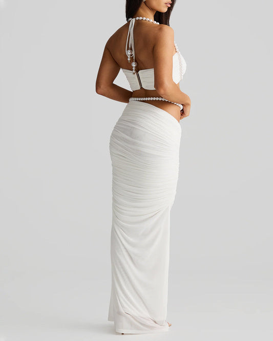 Pearl-embellished Sexy Cropped Tube Top Low-waisted Bodycon Maxi Skirt Suit