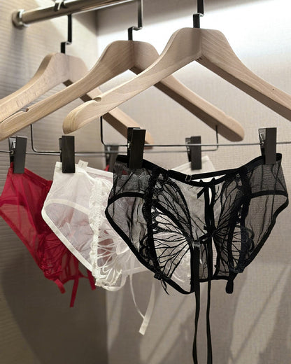 Butterfly Tie-up Hollow Lace Mesh Sheer Sexy Open-crotch Panties