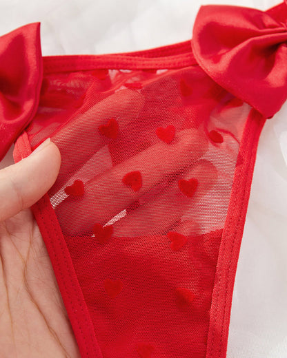 Sexy Halter-neck Heart-shaped Sheer Mesh Bowknot Decoration Lingerie Set