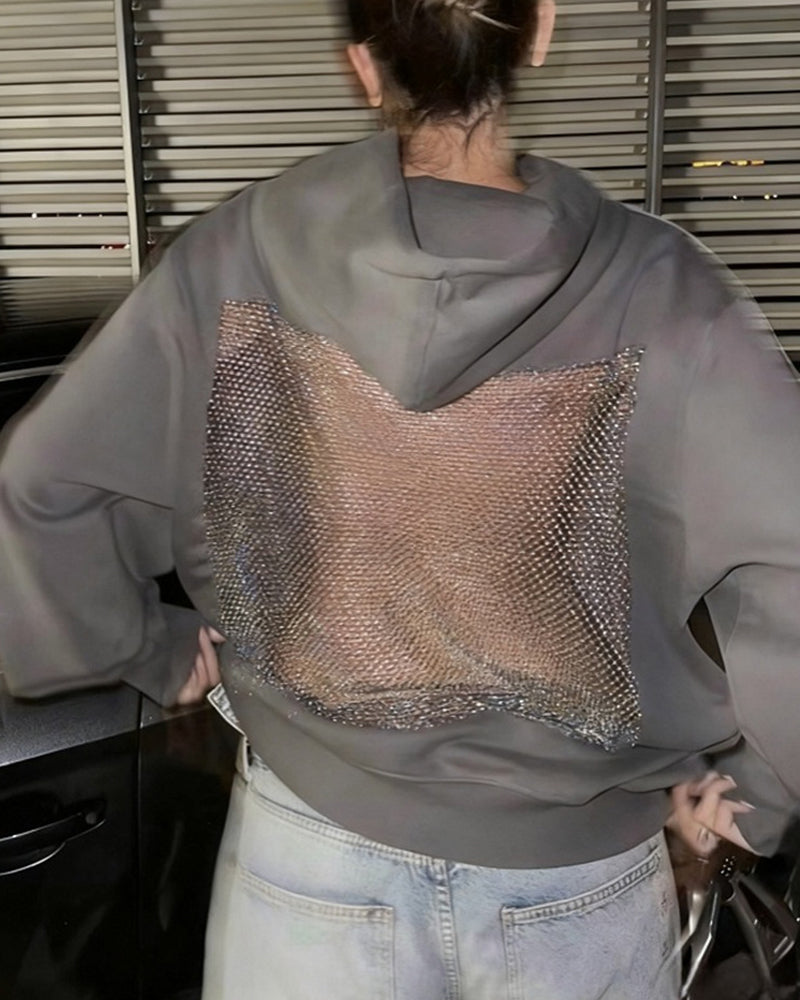 Fashion Solid Color Backless Cutout Mesh Panel Long-sleeved Hooded Sweatshirt