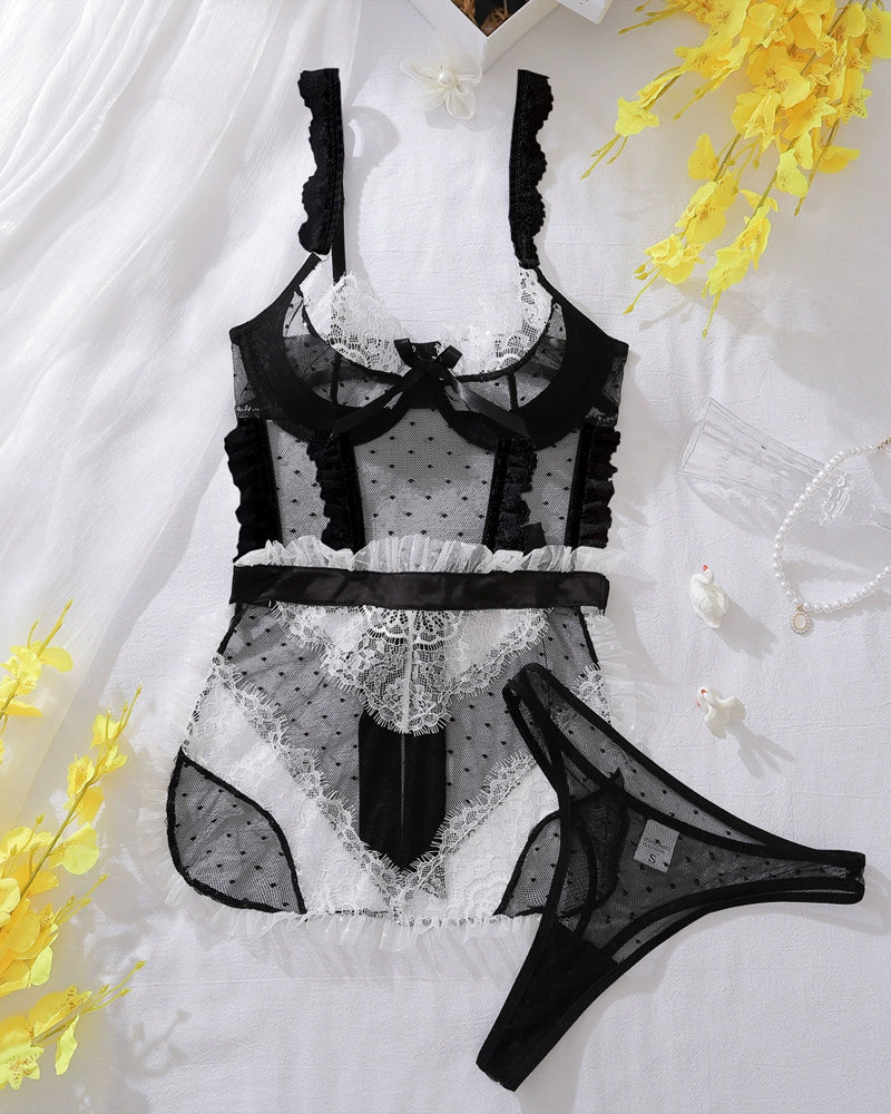 Sexy Colorblock Lace See-through Mesh Hollow-out Backless Underwire Lingerie Set