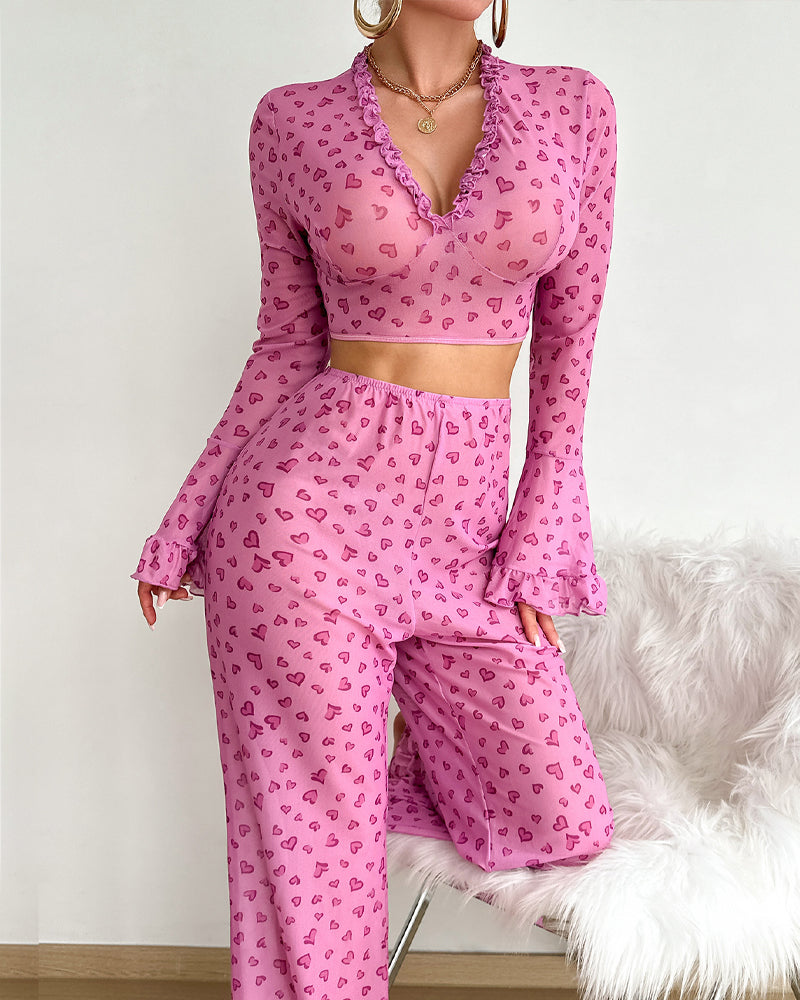 Valentine's Day Heart Print V-Neck Flared Long-Sleeved Top and Pants Pajama Set