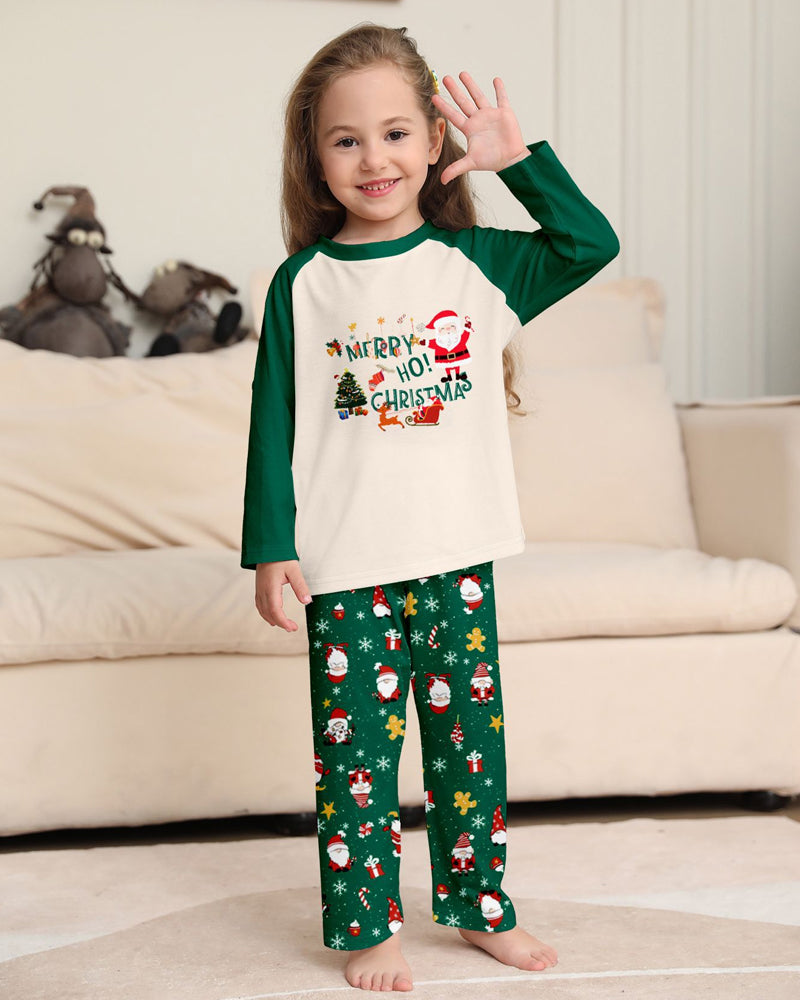 Green Santa Claus Print Crew Neck Home Wear Pajamas Family Set