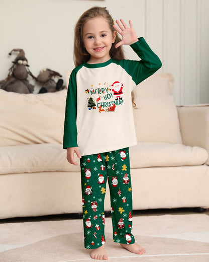 Green Santa Claus Print Crew Neck Home Wear Pajamas Family Set