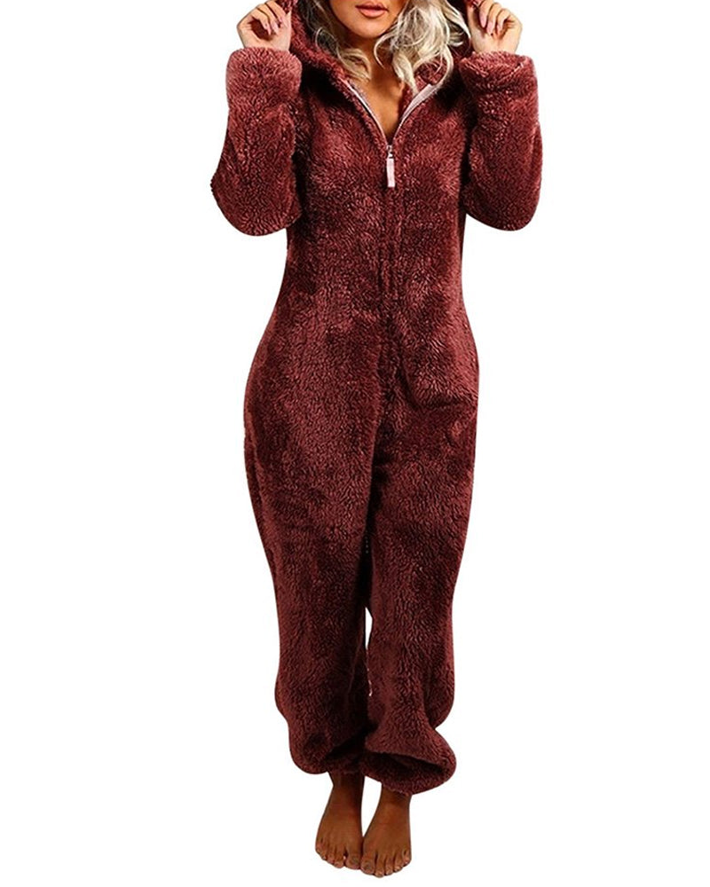 Teddy Bear Ear Zipper Hooded Plush Long-Sleeved Pants Onesie Pajamas