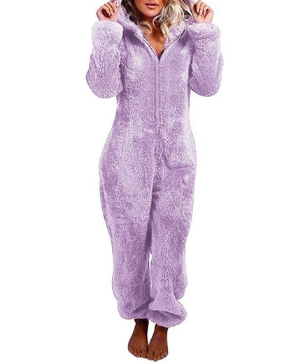 Teddy Bear Ear Zipper Hooded Plush Long-Sleeved Pants Onesie Pajamas