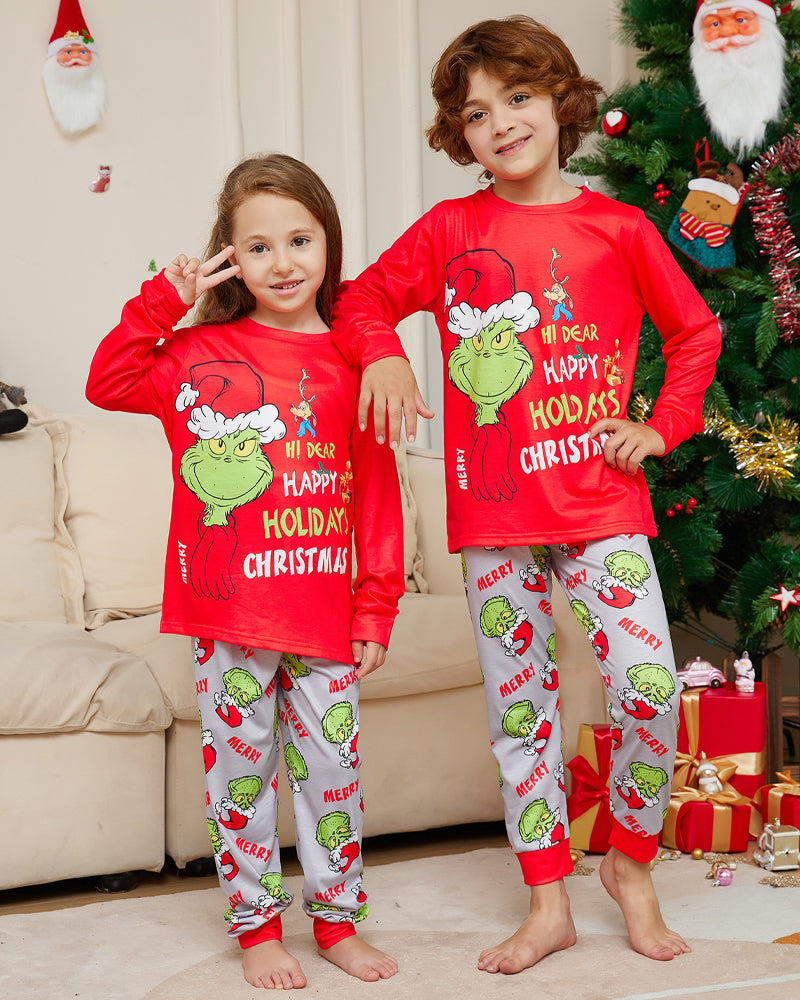 Christmas Grinch Color Block Fun Print Crew Neck Family Pajama Set