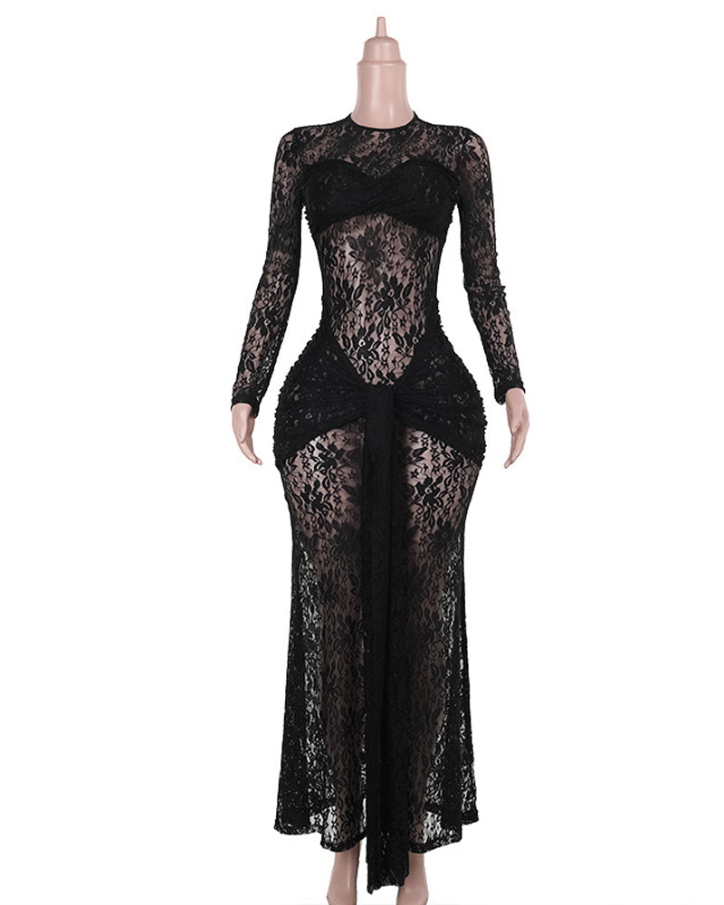 Sexy Form-fitting Lace Bodycon Long-sleeved Round Neck Dress