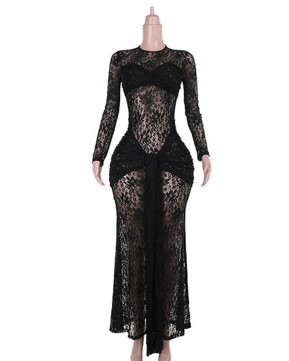 Sexy Form-fitting Lace Bodycon Long-sleeved Round Neck Dress