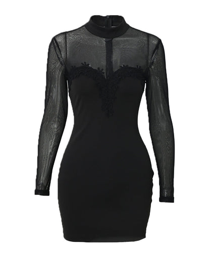 Shimmering Mesh Floral Embroidery Patchwork Round Neck Long Sleeve Bodycon Dress
