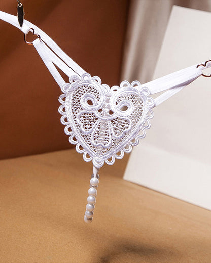 Sexy Heart-Shaped Lace Flower Pearl Embellished Thong