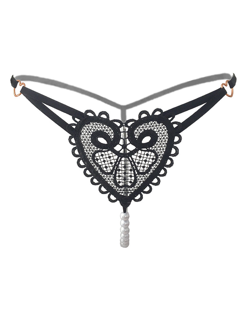 Sexy Heart-Shaped Lace Flower Pearl Embellished Thong