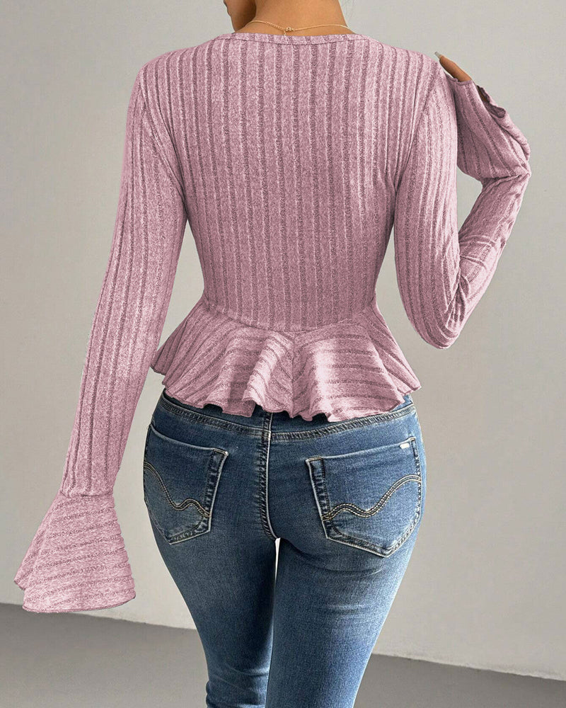 V-neck Ruffled Slim-fit Flared Long-sleeve Stretchy Knit Top