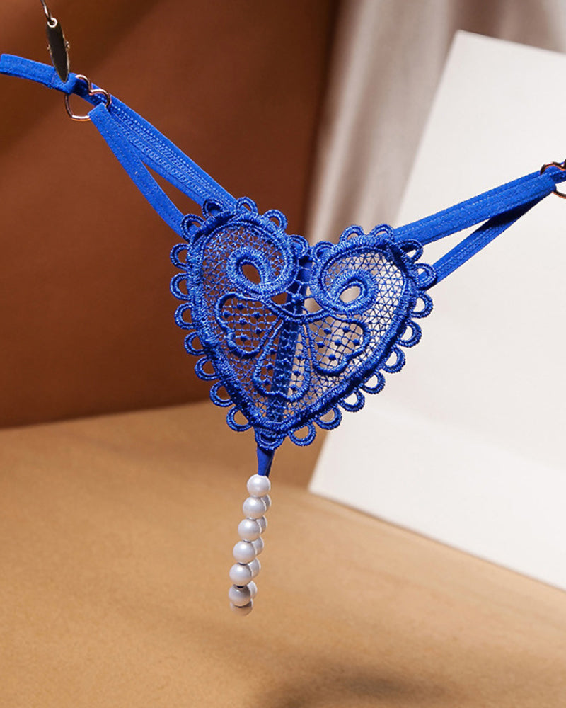 Sexy Heart-Shaped Lace Flower Pearl Embellished Thong