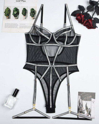 Sexy Mesh Sheer Gold Thread Patchwork Erotic Bodysuit