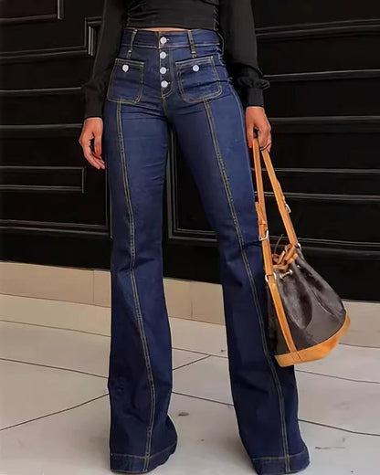Women's High-waisted Stretchy Front-buttoned Flare Jeans