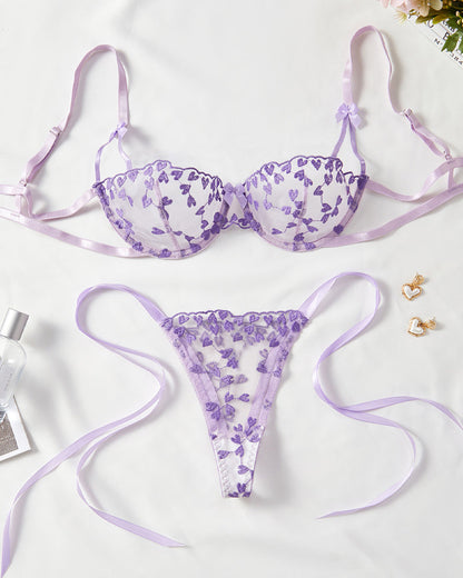 Sexy Sheer Mesh Heart-shaped Embroidery Underwire Lingerie Set