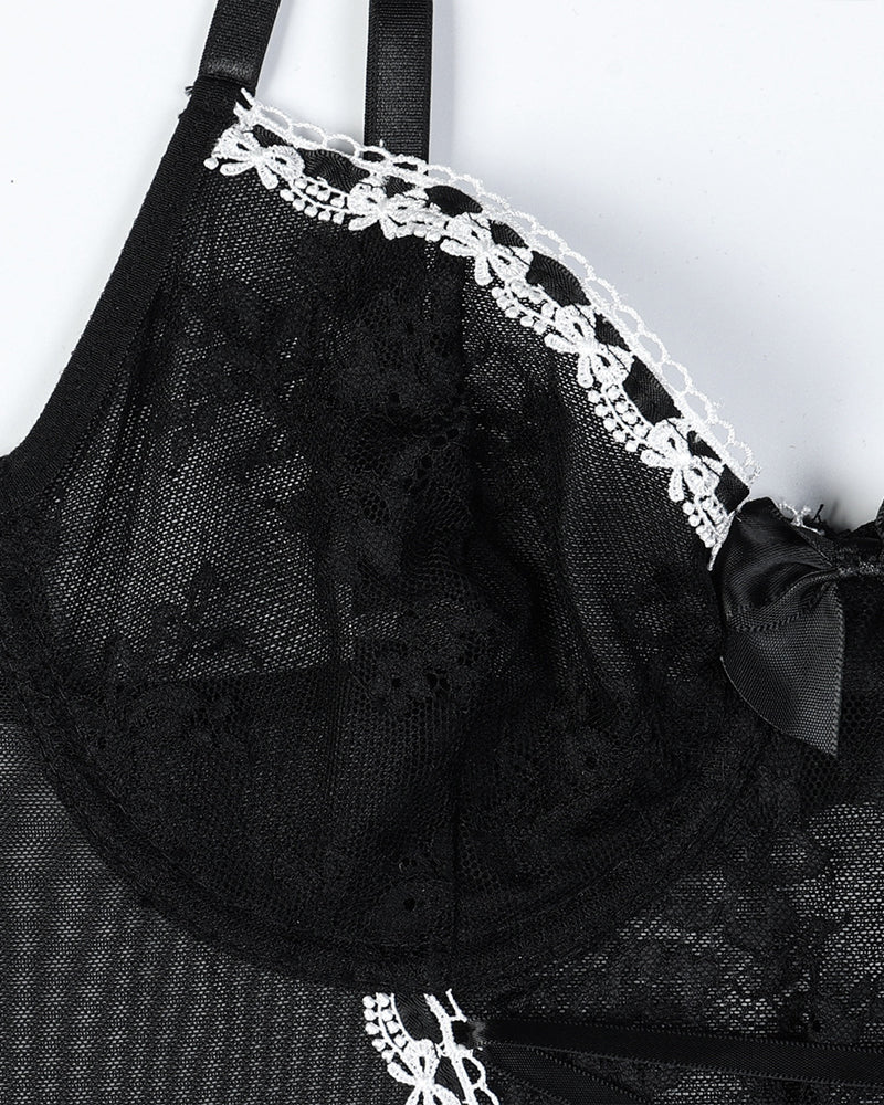 Sexy Lace Mesh See-Through Straps Cross Bow Mesh Ruffled Nightdress