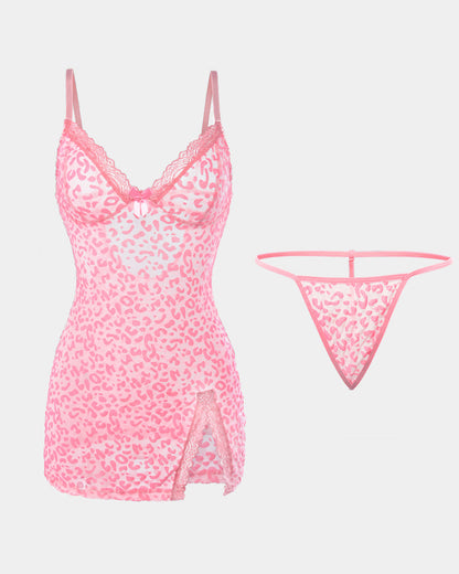 Sexy Deep V Flocked Leopard Print See-Through Mesh Bodycon Nightgown