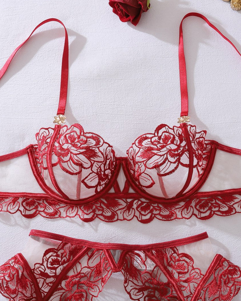 Floral Embroidery See-through Push-up Shaping Thin Sexy Lingerie Set with Stockings