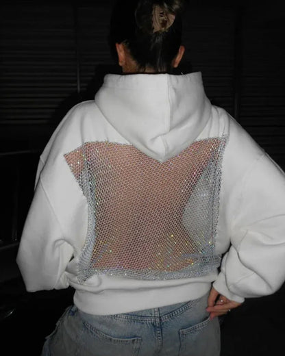 Fashion Solid Color Backless Cutout Mesh Panel Long-sleeved Hooded Sweatshirt