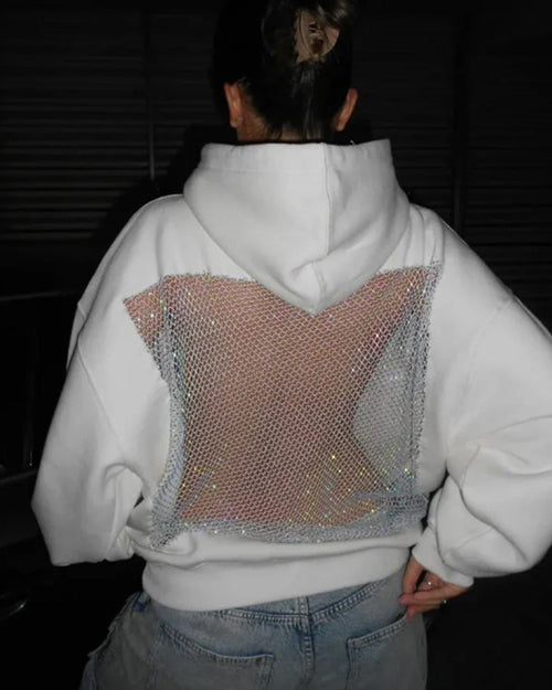 Fashion Solid Color Backless Cutout Mesh Panel Long-sleeved Hooded Sweatshirt