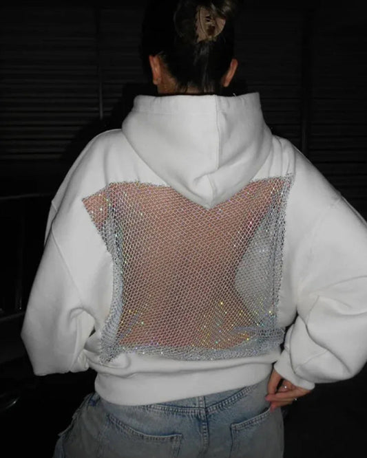 Fashion Solid Color Backless Cutout Mesh Panel Long-sleeved Hooded Sweatshirt