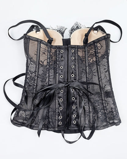 Sexy Strapless Lace Mesh See-through Underwire Bra Back Tie Fishbone Top