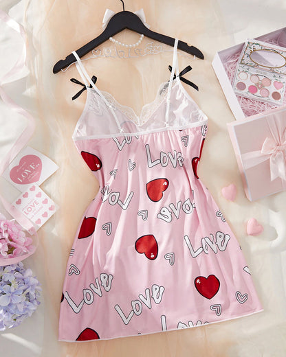 Valentine's Day Heart-themed Letter Print Lace-Trimmed Slit Short Nightgown