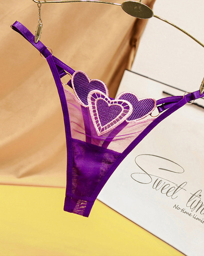 Heart Embroidered Sheer Mesh Sexy Thong