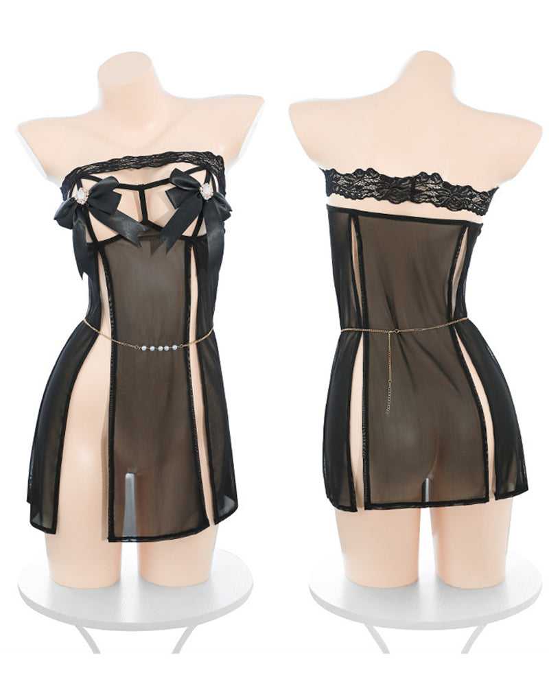 Off-the-shoulder Bow-detailed Open-front High Slit Nightgown with Thong Set