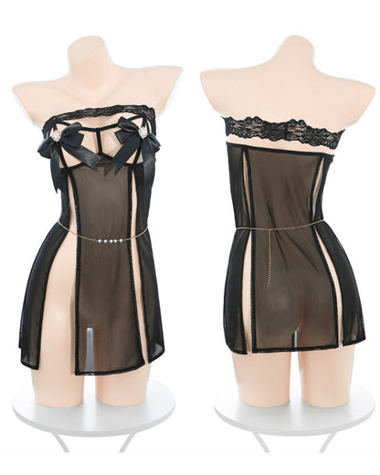 Off-the-shoulder Bow-detailed Open-front High Slit Nightgown with Thong Set