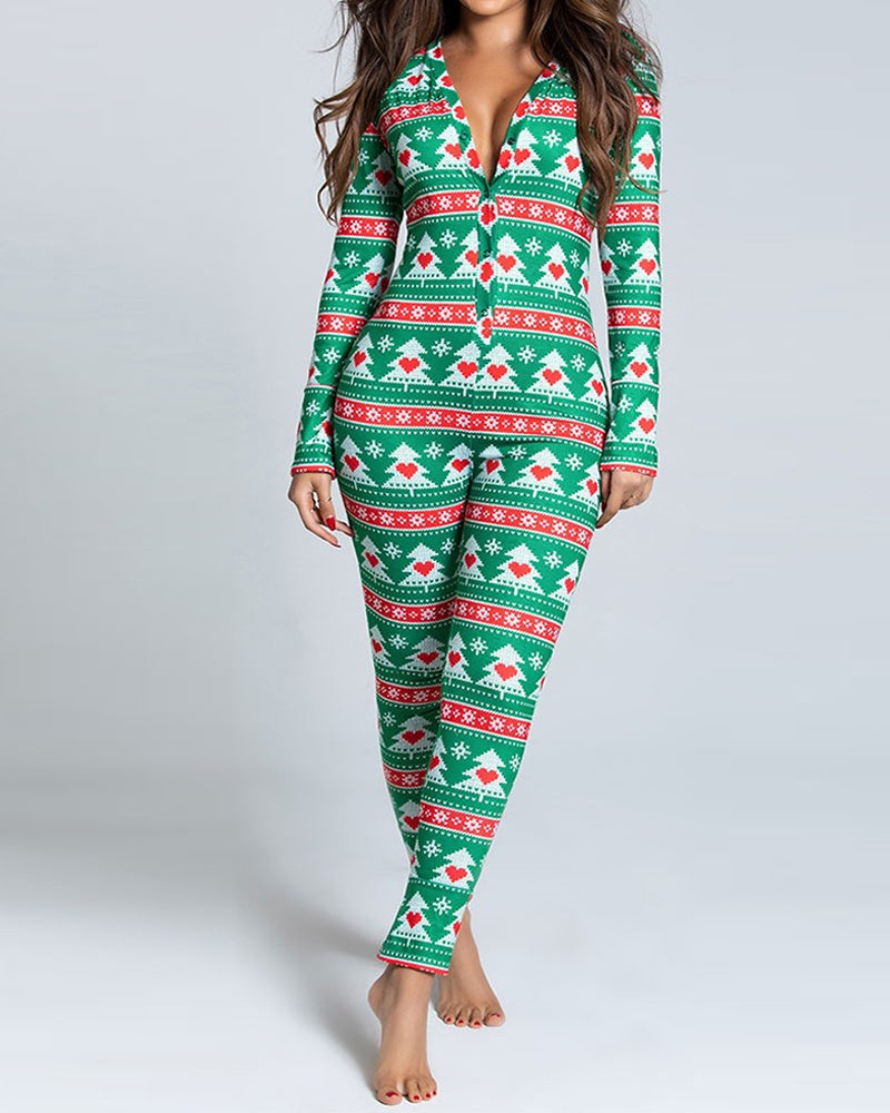 Christmas Deep V-neck Long-sleeved Back Button Closure Jumpsuit PJajama