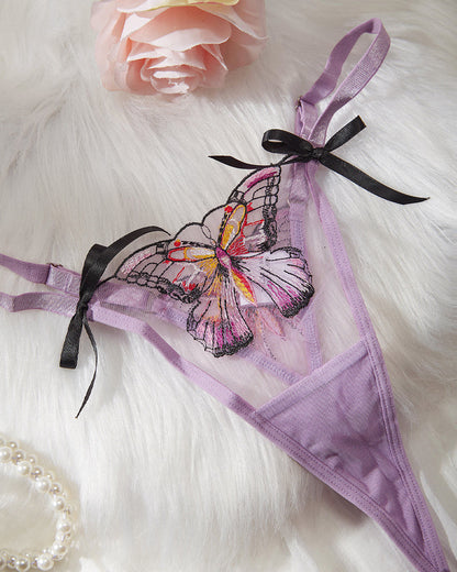 Purple Sexy Sheer Mesh Butterfly Embroidery Underwire Bra and Panty Set