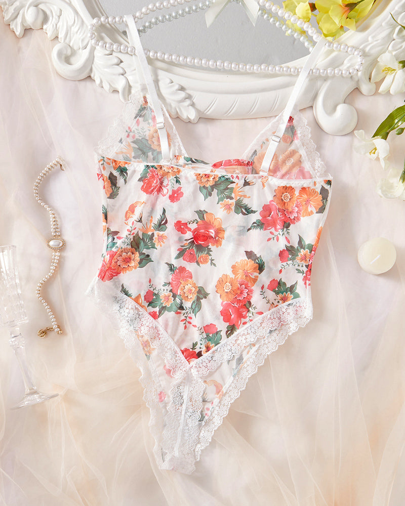 Colorful Floral Print Mesh Sheer Bodysuit Lingerie