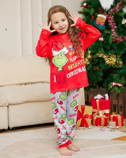 Christmas Grinch Color Block Fun Print Crew Neck Family Pajama Set