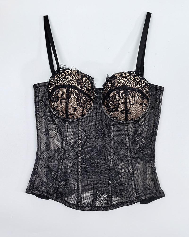 Sexy Strapless Lace Mesh See-through Underwire Bra Back Tie Fishbone Top