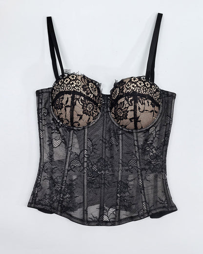 Sexy Strapless Lace Mesh See-through Underwire Bra Back Tie Fishbone Top