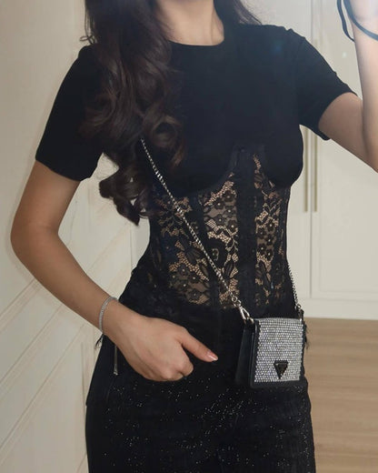 Sexy Lace Sheer Paneling Fitted Waist Round Neck Back Drawstring Short-sleeved Top