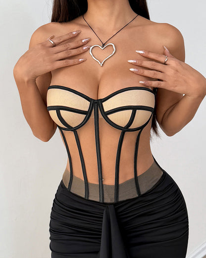 Sexy Underwired Backless Drawstring Waist Tight-fitting Sheer Bandeau Top