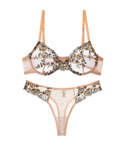 Sexy French-style Ultra-thin Push-up Floral Embroidered Mesh See-through Lingerie Set