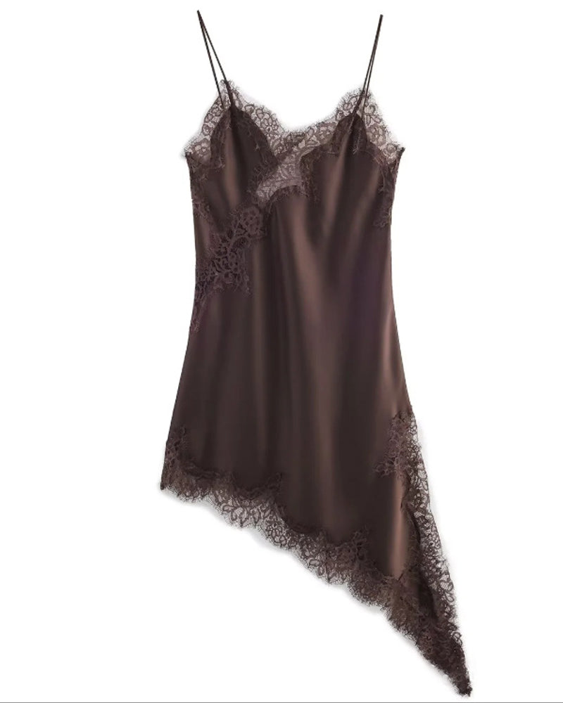 Sexy V-neck Ice Silk Lace Patchwork Asymmetrical Casual Suspender Mini Dress